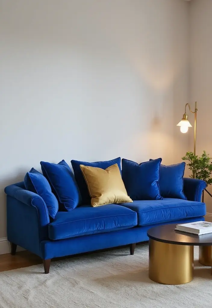 25 Royal Blue and Gold Living Room Ideas That Feel Elegant and Regal - 1. Luxurious Velvet Sofa