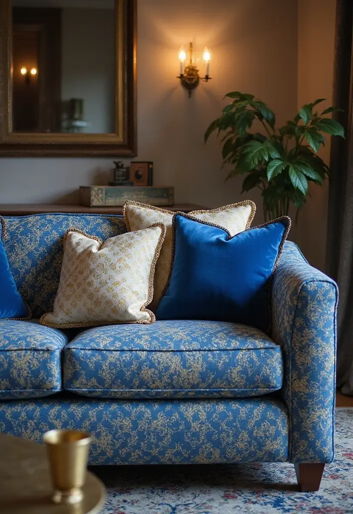 25 Royal Blue and Gold Living Room Ideas That Feel Elegant and Regal - 11. Blue and Gold Pillows