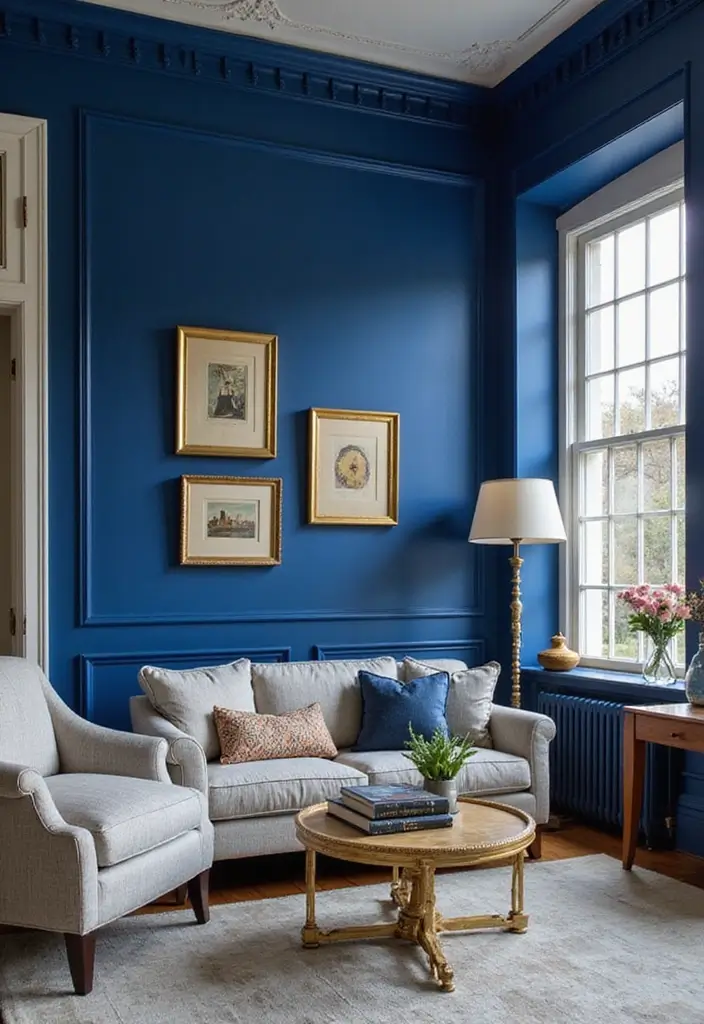 25 Royal Blue and Gold Living Room Ideas That Feel Elegant and Regal - 14. Unique Accent Walls