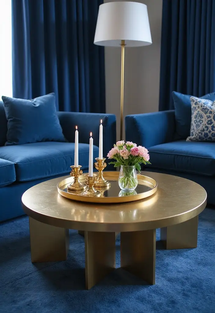 25 Royal Blue and Gold Living Room Ideas That Feel Elegant and Regal - 2. Elegant Gold Coffee Table