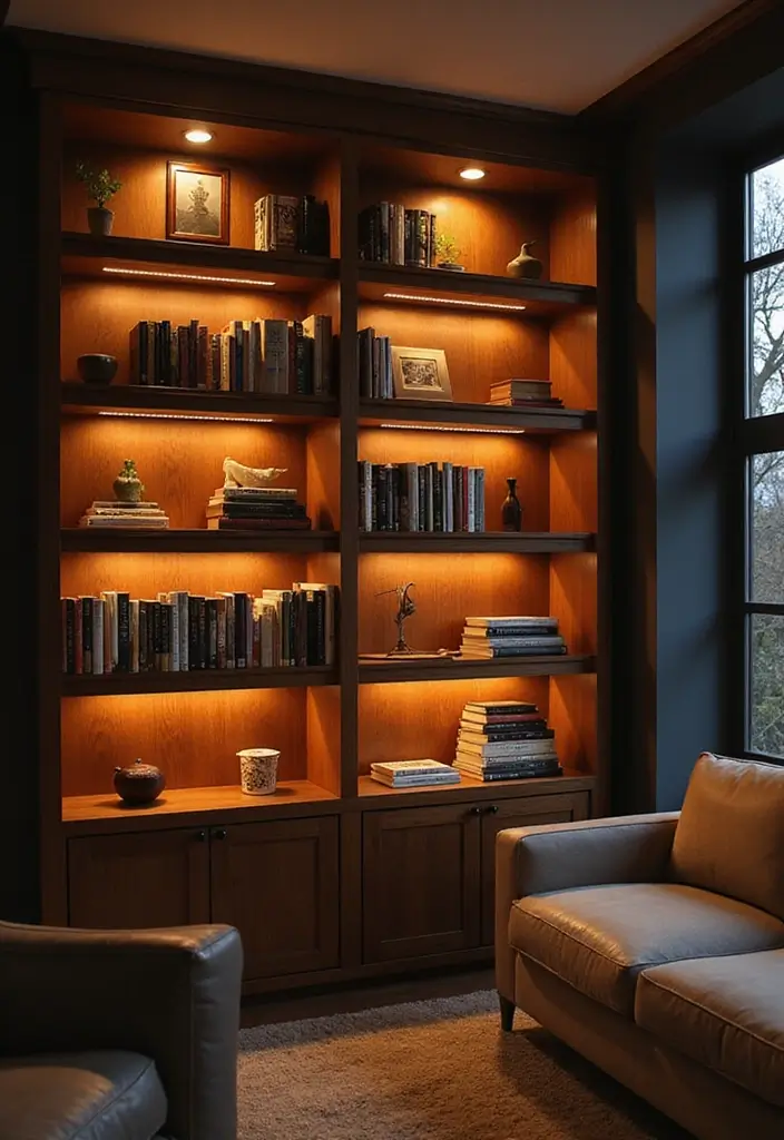27 Bookcase Ideas Living Room That Feel Stylish and Functional - 13. Stylish Bookcase Lighting