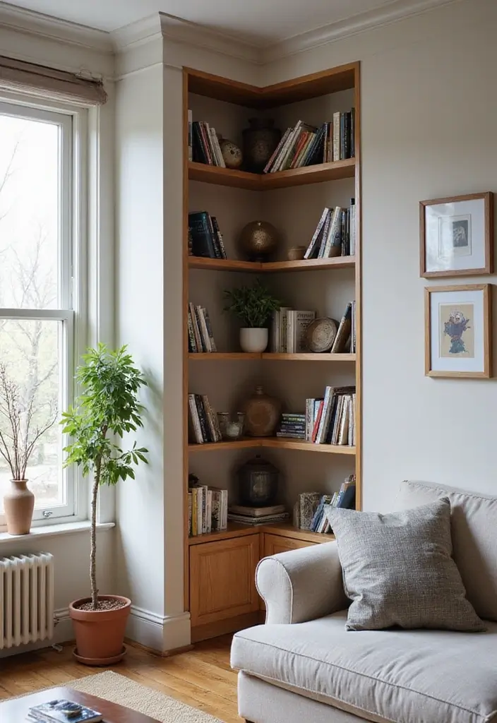27 Bookcase Ideas Living Room That Feel Stylish and Functional - 14. Corner Bookcases for Space Optimization
