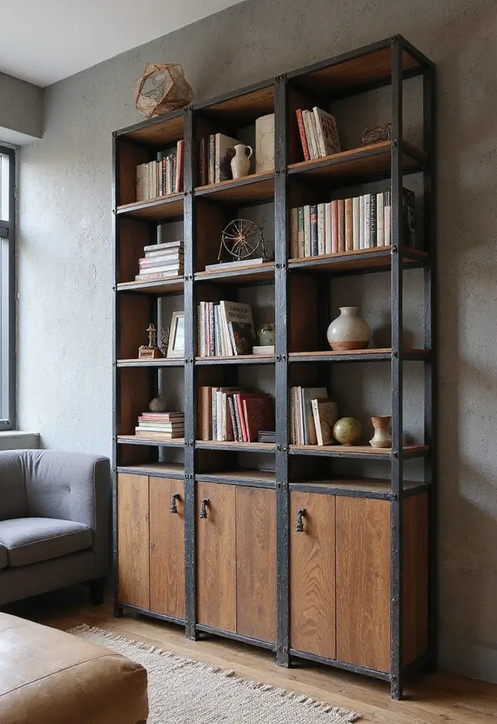 27 Bookcase Ideas Living Room That Feel Stylish and Functional - 15. Industrial-Style Bookcases