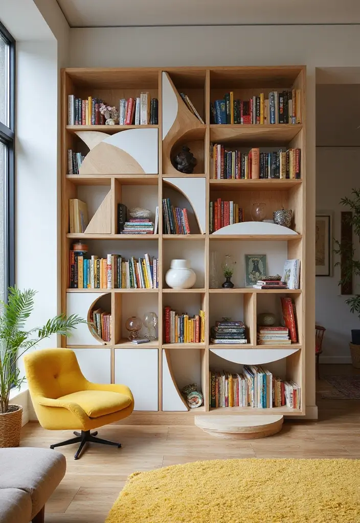 27 Bookcase Ideas Living Room That Feel Stylish and Functional - 24. Playful Shapes Bookcases for Fun Vibes