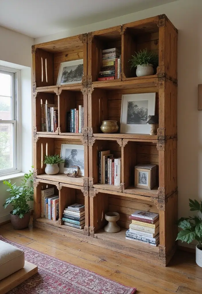 27 Bookcase Ideas Living Room That Feel Stylish and Functional - 26. Repurposed Crates for Rustic Charm
