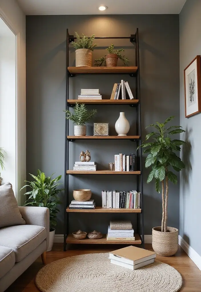27 Bookcase Ideas Living Room That Feel Stylish and Functional - 3. Ladder Bookcases for an Artistic Touch