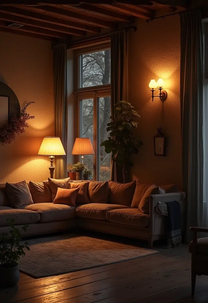 27 Dark Rustic Living Room Ideas That Feel Cozy and Rich - 11. Layered Lighting