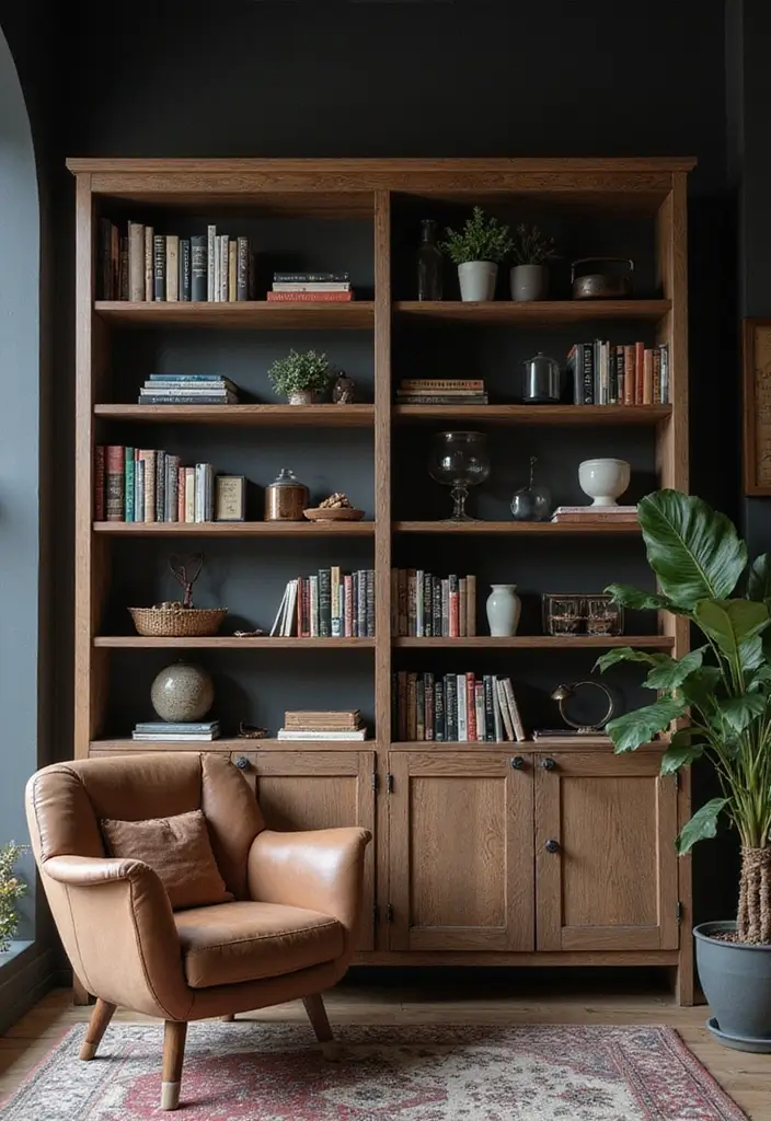 27 Dark Rustic Living Room Ideas That Feel Cozy and Rich - 17. Utilize Open Shelving