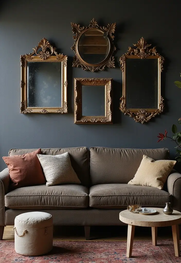 27 Dark Rustic Living Room Ideas That Feel Cozy and Rich - 20. Vintage Mirrors