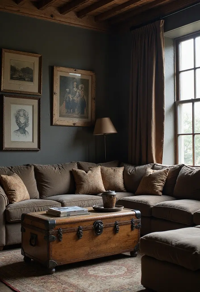 27 Dark Rustic Living Room Ideas That Feel Cozy and Rich - 23. Incorporate Vintage Trunks