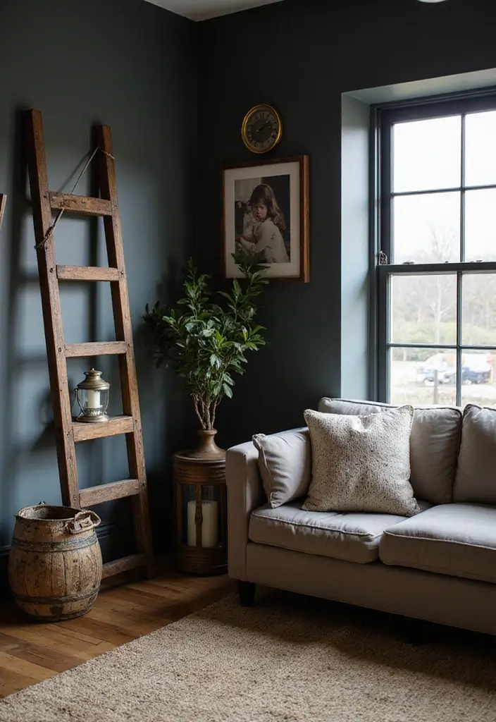27 Dark Rustic Living Room Ideas That Feel Cozy and Rich - 3. Vintage Farmhouse Accents
