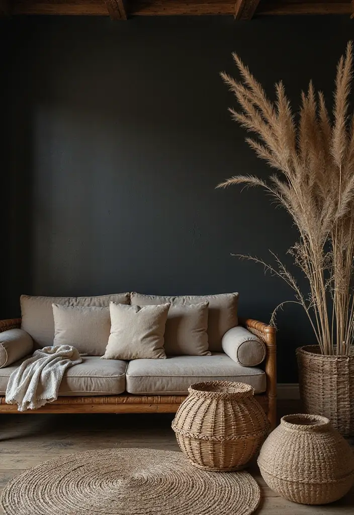 27 Dark Rustic Living Room Ideas That Feel Cozy and Rich - 6. Woven Accessories