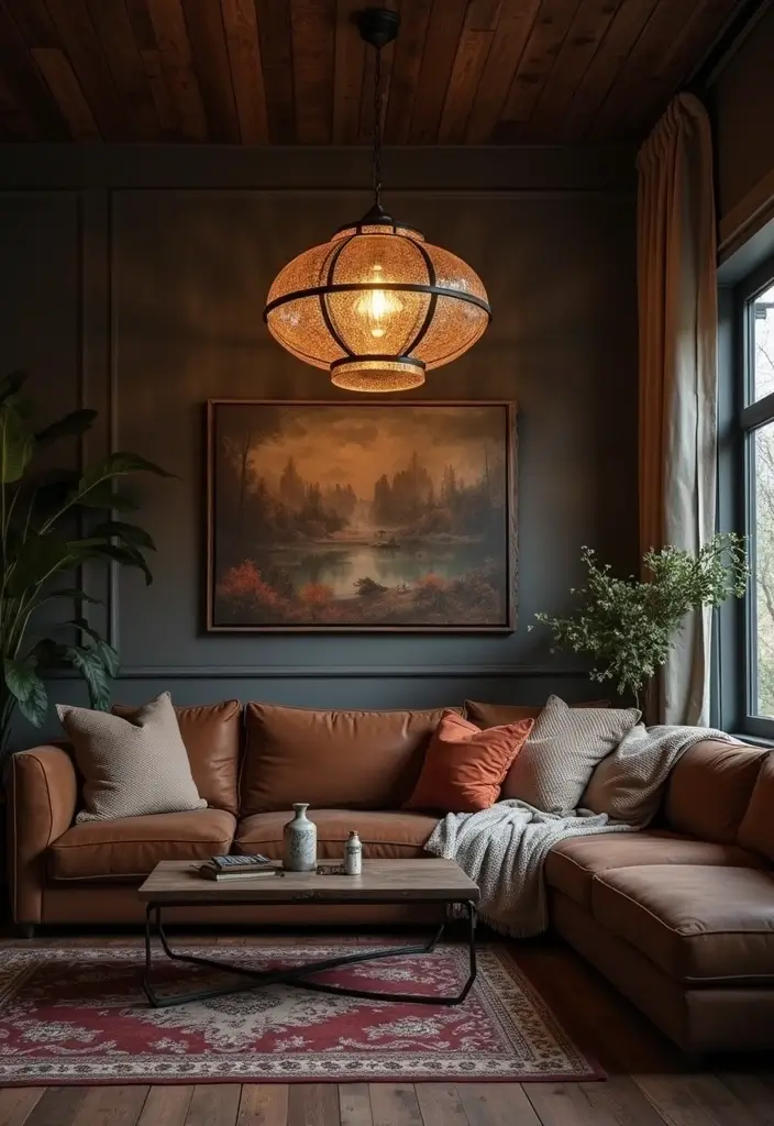 27 Dark Rustic Living Room Ideas That Feel Cozy and Rich - 7. Statement Lighting Fixtures