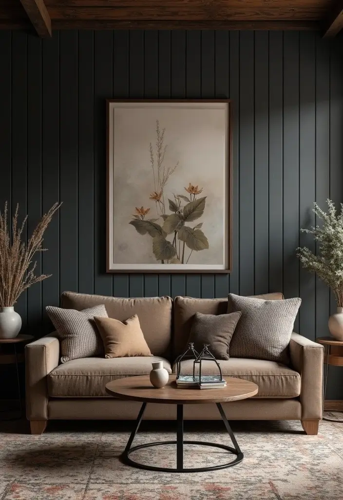 27 Dark Rustic Living Room Ideas That Feel Cozy and Rich - 9. Rich Wall Treatments