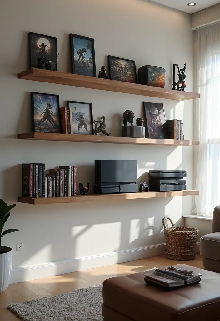 27 Gaming Living Room Ideas That Feel Fun and Functional - 9. Game Shelf Wall