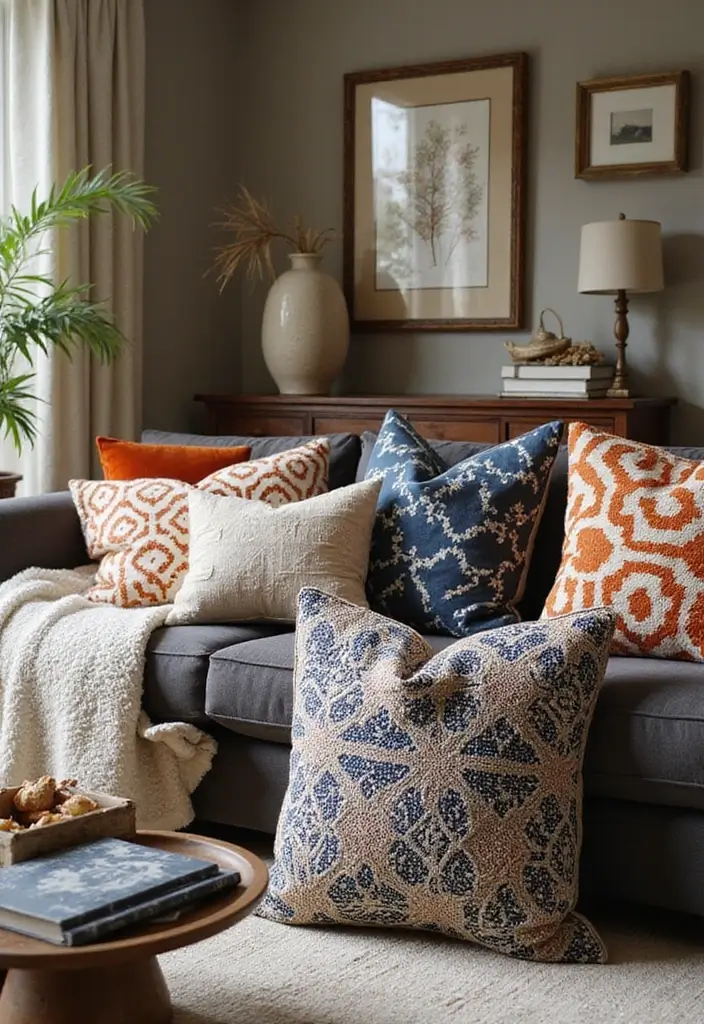 27 Glam Living Room Ideas That Feel Luxurious and Chic - 22. Bold Decorative Pillows