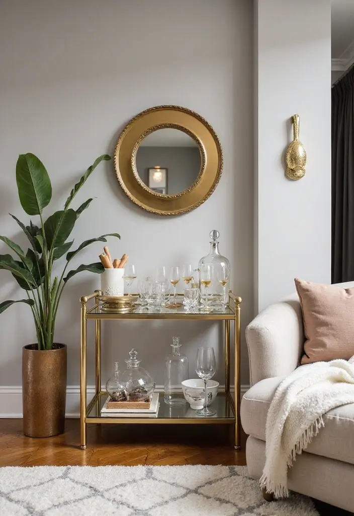 27 Glam Living Room Ideas That Feel Luxurious and Chic - 23. Chic Bar Carts for Style and Function