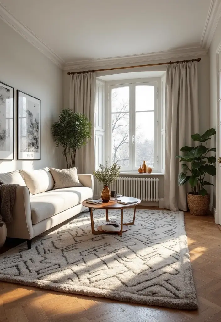 27 Glam Living Room Ideas That Feel Luxurious and Chic - 9. A Cozy Yet Glamorous Rug