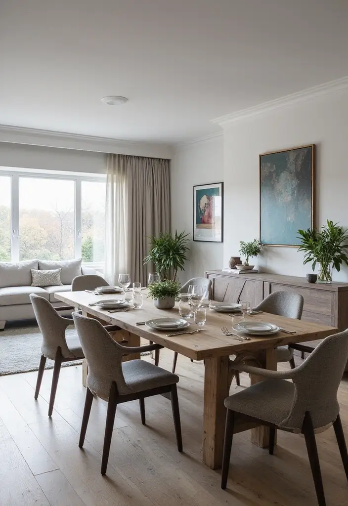 27 Grey Wood Living Room Ideas That Add Texture and Warmth - 12. Grey Wood Dining Table in the Living Room