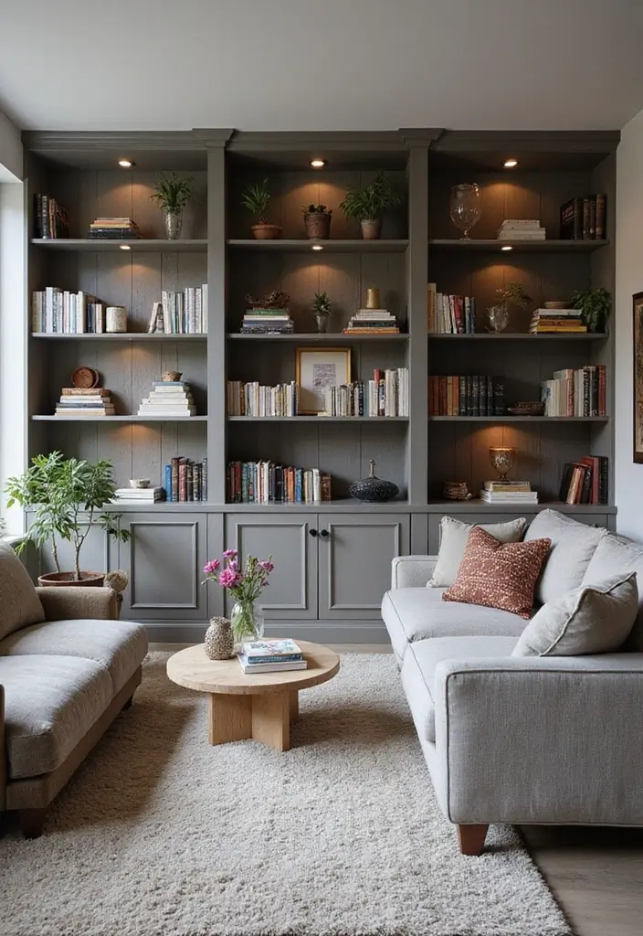 27 Grey Wood Living Room Ideas That Add Texture and Warmth - 16. Grey Wood Bookcases