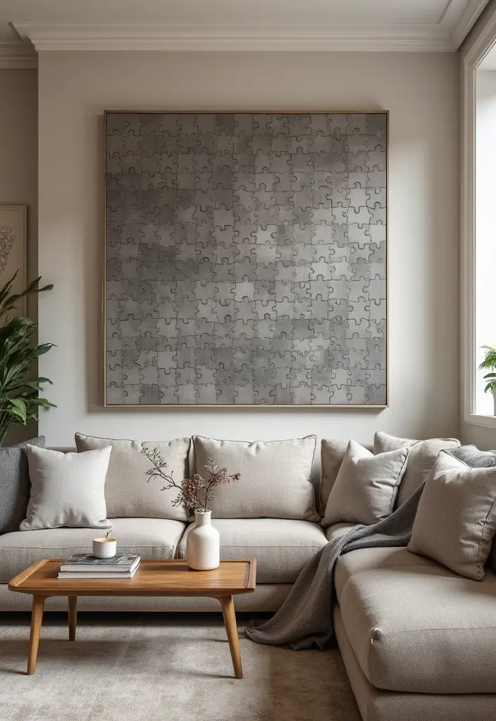 27 Grey Wood Living Room Ideas That Add Texture and Warmth - 21. Grey Wood Puzzle Wall Art