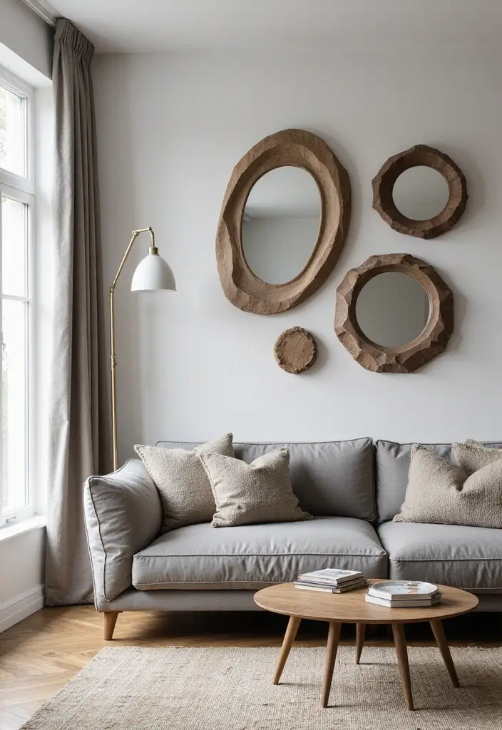 27 Grey Wood Living Room Ideas That Add Texture and Warmth - 25. Grey Wood Decorative Mirrors