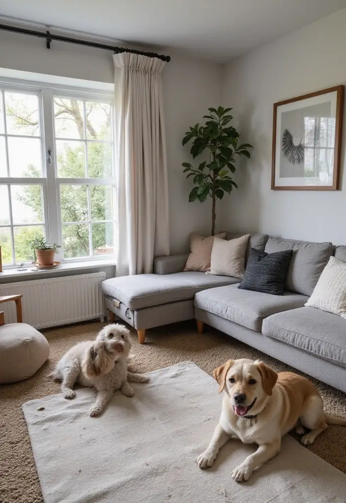 27 Grey Wood Living Room Ideas That Add Texture and Warmth - 26. Grey Wood Pet-Friendly Decor