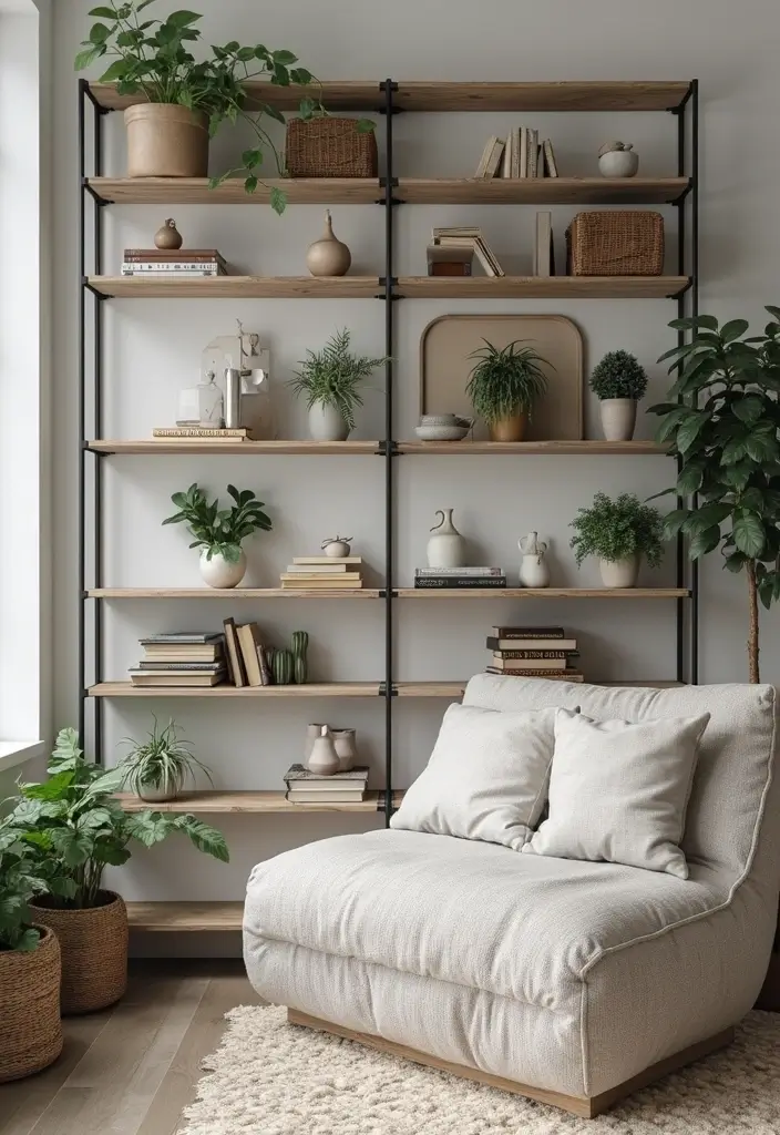 27 Grey Wood Living Room Ideas That Add Texture and Warmth - 3. Rustic Grey Wood Shelving