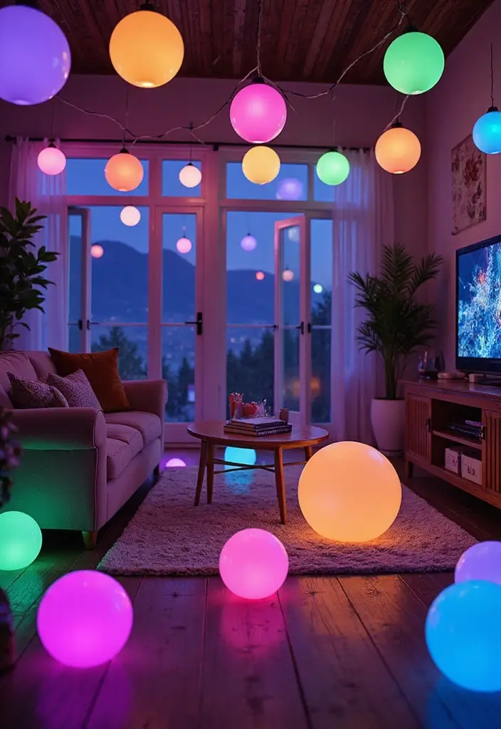 27 LED Lights Living Room Aesthetic Ideas That Add Ambiance and Style - 18. Color-Changing LED Globe Lights