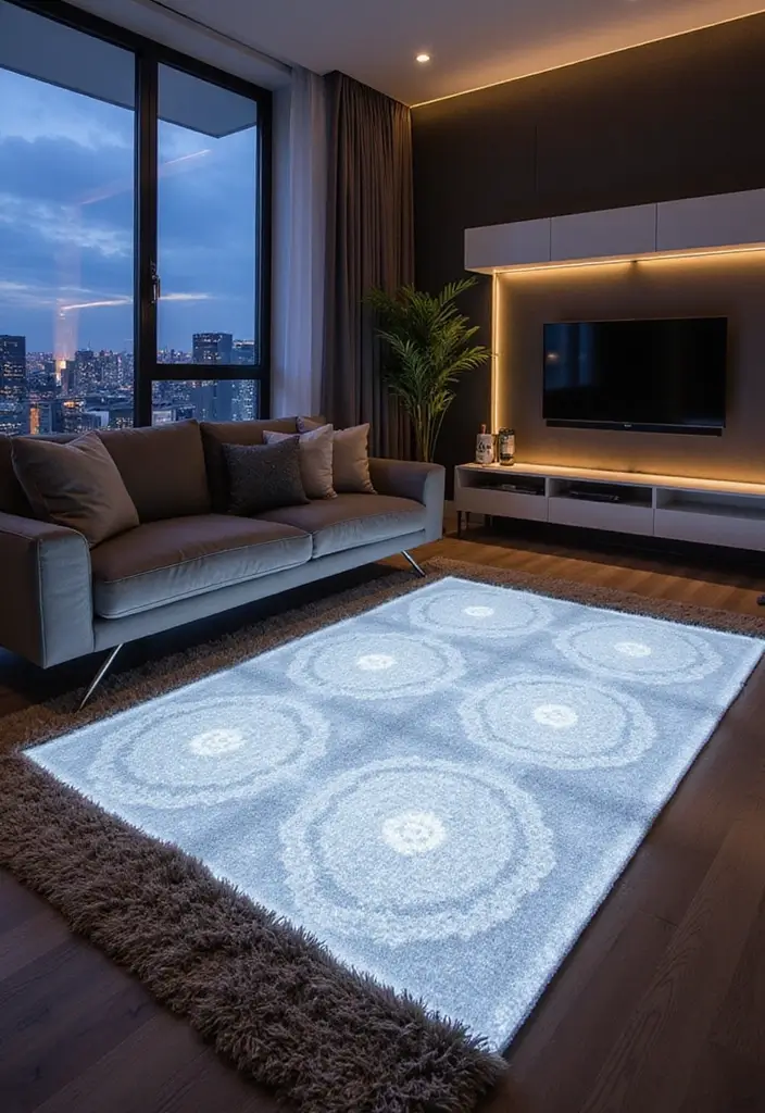 27 LED Lights Living Room Aesthetic Ideas That Add Ambiance and Style - 19. LED Illuminated Rugs