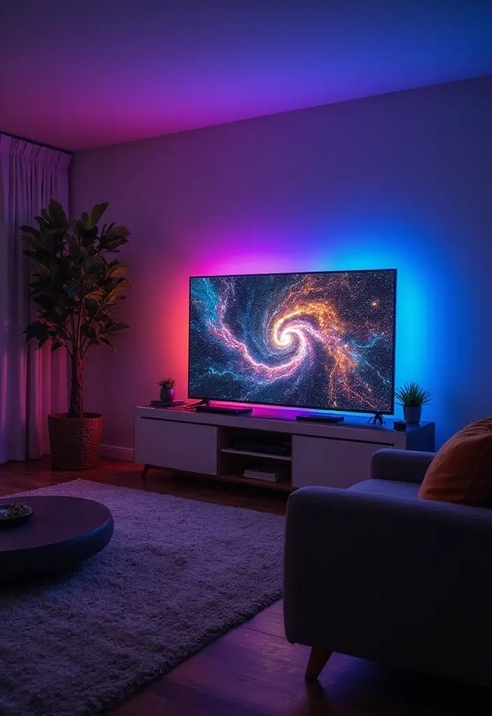 27 LED Lights Living Room Aesthetic Ideas That Add Ambiance and Style - 2. LED Strip Lights Behind the TV