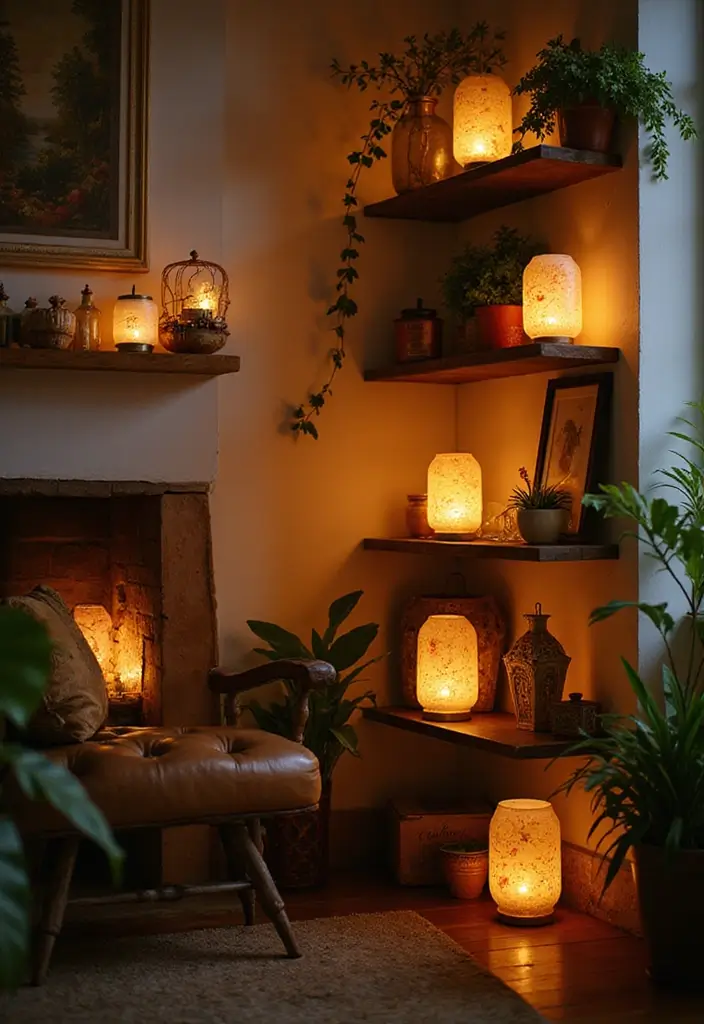 27 LED Lights Living Room Aesthetic Ideas That Add Ambiance and Style - 23. LED Fairy Lanterns on Shelves