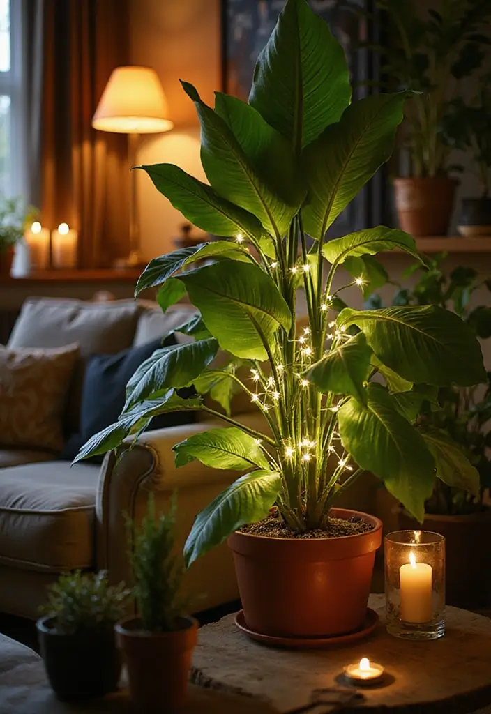 27 LED Lights Living Room Aesthetic Ideas That Add Ambiance and Style - 24. LED-Wrapped Plants