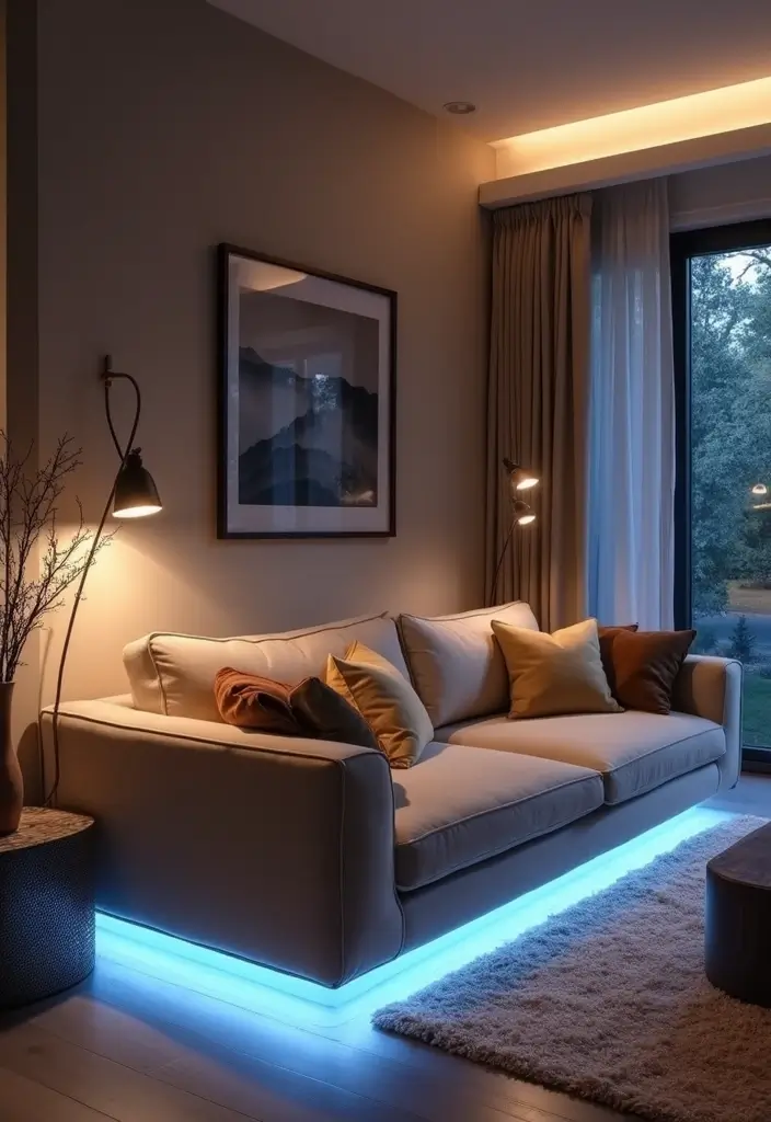 27 LED Lights Living Room Aesthetic Ideas That Add Ambiance and Style - 3. Under-Sofa LED Lighting