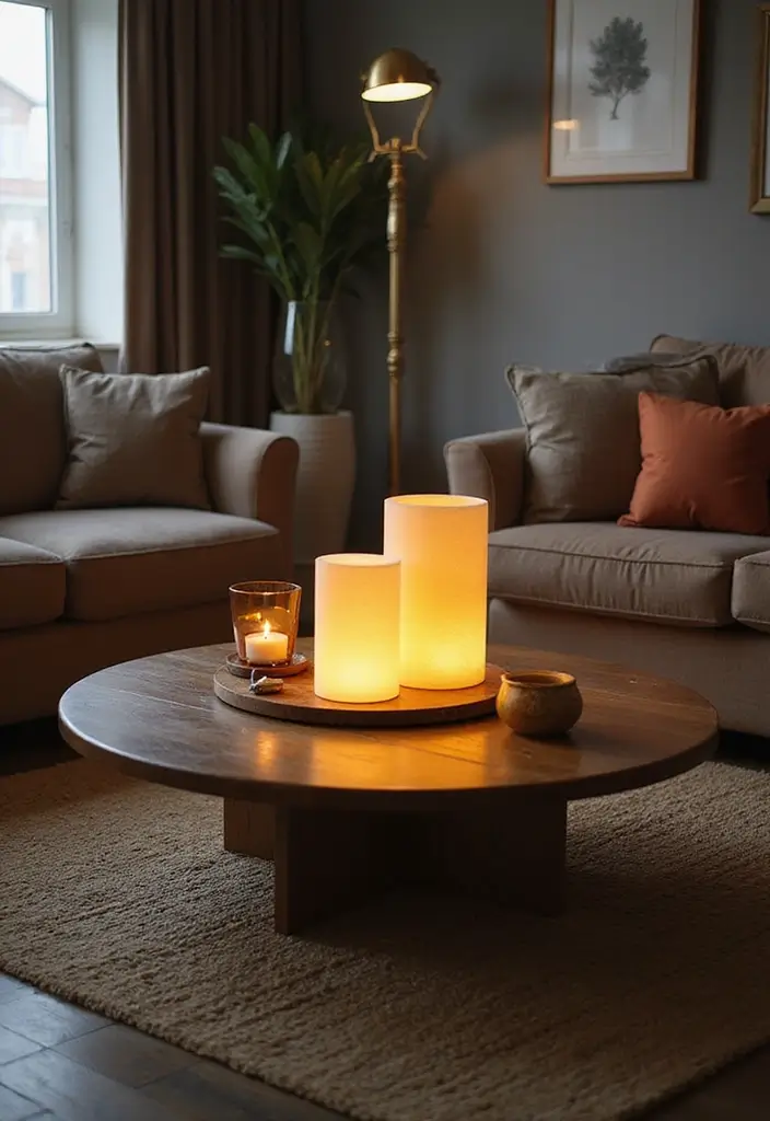 27 LED Lights Living Room Aesthetic Ideas That Add Ambiance and Style - 5. LED Coffee Table Centerpiece