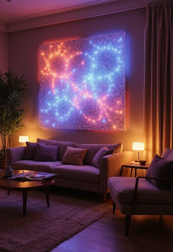 27 LED Lights Living Room Aesthetic Ideas That Add Ambiance and Style - 6. LED Wall Art