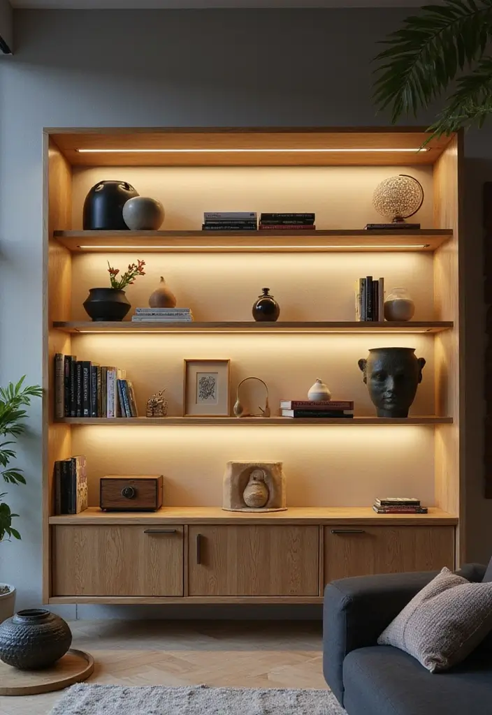 27 LED Lights Living Room Aesthetic Ideas That Add Ambiance and Style - 9. LED Backlit Shelves