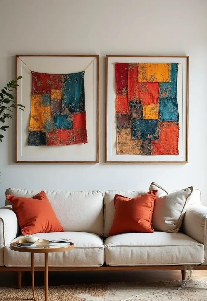 27 Living Room Art Ideas That Add Color and Personality - 17. Framed Fabric Art