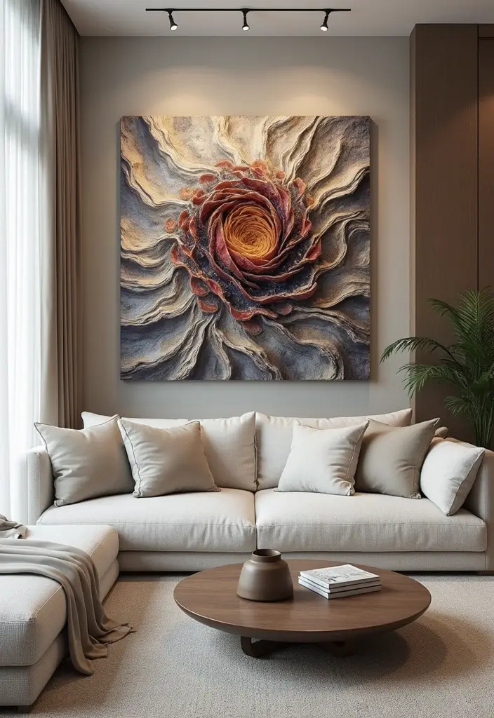 27 Living Room Art Ideas That Add Color and Personality - 19. Mixed Media Art for Depth