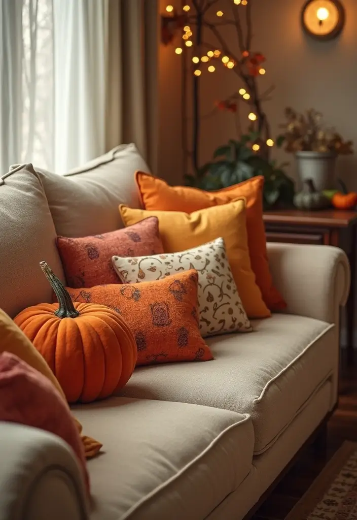 27 Living Room Halloween Decor Ideas That Feel Fun and Spooky - 1. Whimsical Pumpkin Pillows