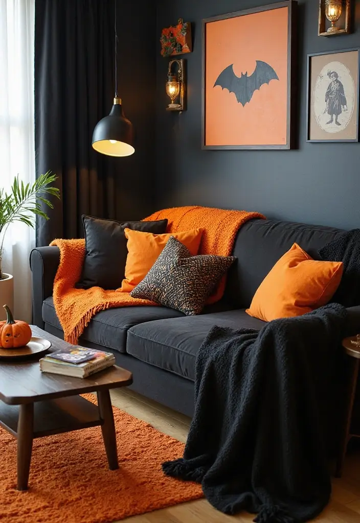 27 Living Room Halloween Decor Ideas That Feel Fun and Spooky - 11. Orange and Black Color Scheme