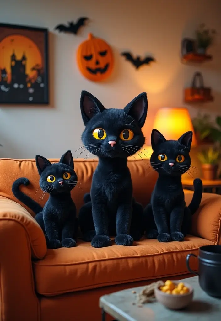 27 Living Room Halloween Decor Ideas That Feel Fun and Spooky - 16. Black Cat Accents