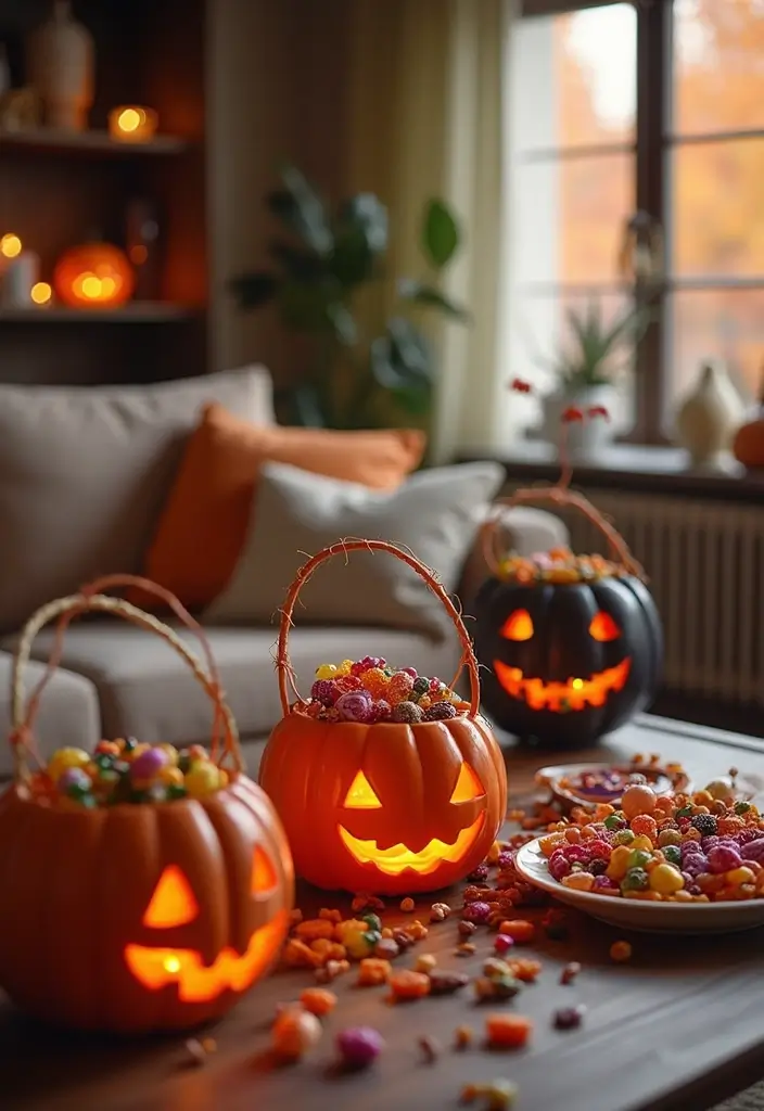 27 Living Room Halloween Decor Ideas That Feel Fun and Spooky - 17. Trick-or-Treat Basket Displays