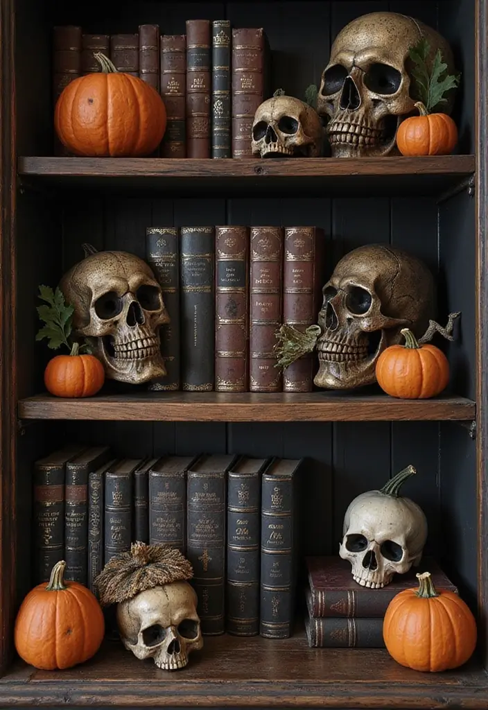 27 Living Room Halloween Decor Ideas That Feel Fun and Spooky - 19. Mysterious Bookshelf Decor