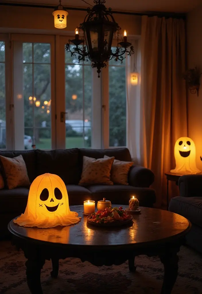 27 Living Room Halloween Decor Ideas That Feel Fun and Spooky - 2. Spooky Ghost Lanterns