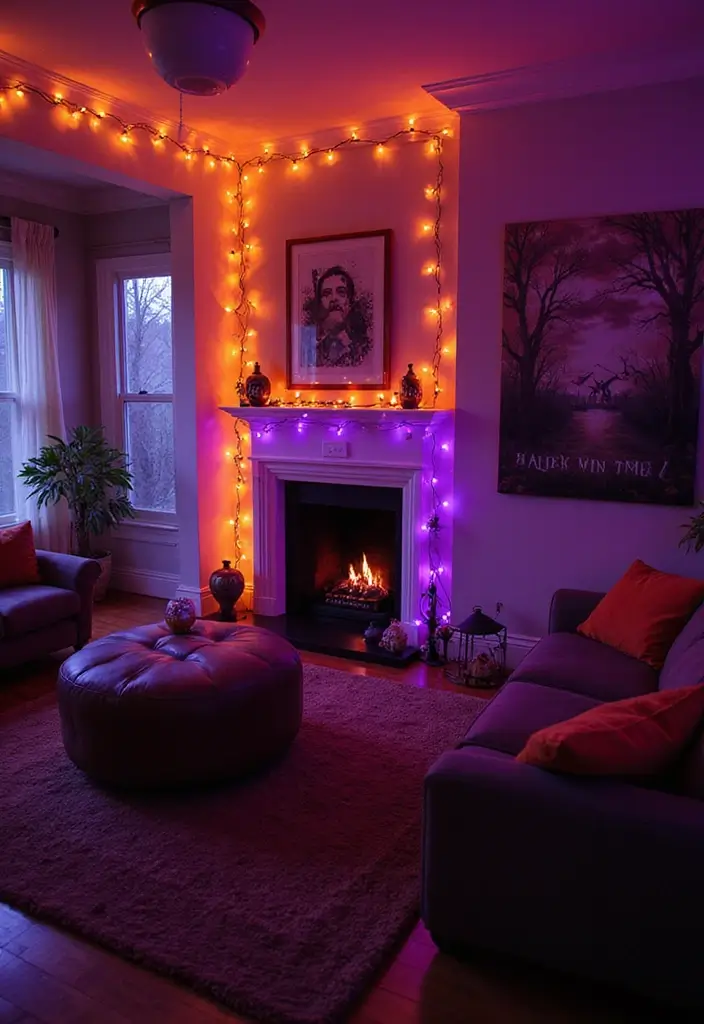27 Living Room Halloween Decor Ideas That Feel Fun and Spooky - 20. Festive Fairy Lights