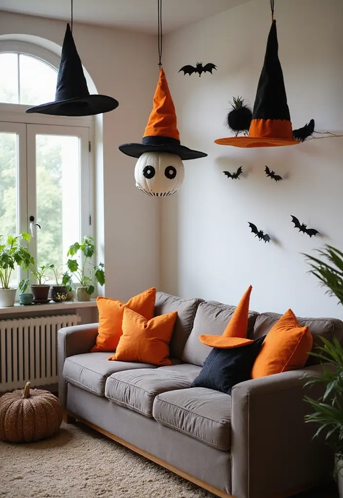 27 Living Room Halloween Decor Ideas That Feel Fun and Spooky - 21. Quirky Witch Hats