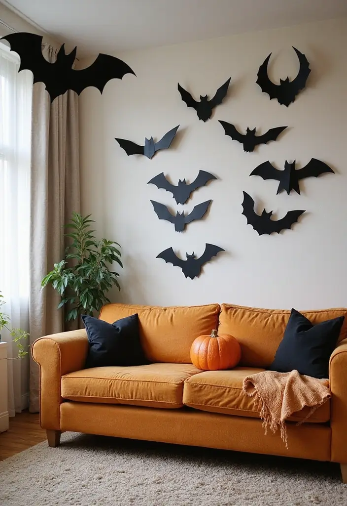 27 Living Room Halloween Decor Ideas That Feel Fun and Spooky - 23. Playful Bat Decor