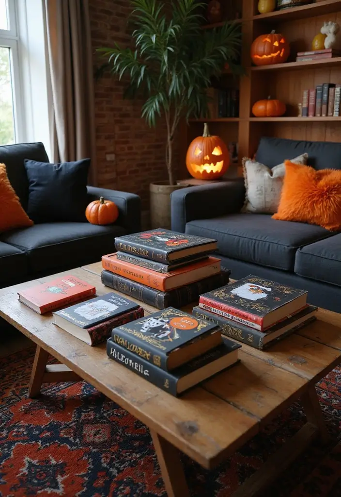 27 Living Room Halloween Decor Ideas That Feel Fun and Spooky - 25. Halloween-Themed Books