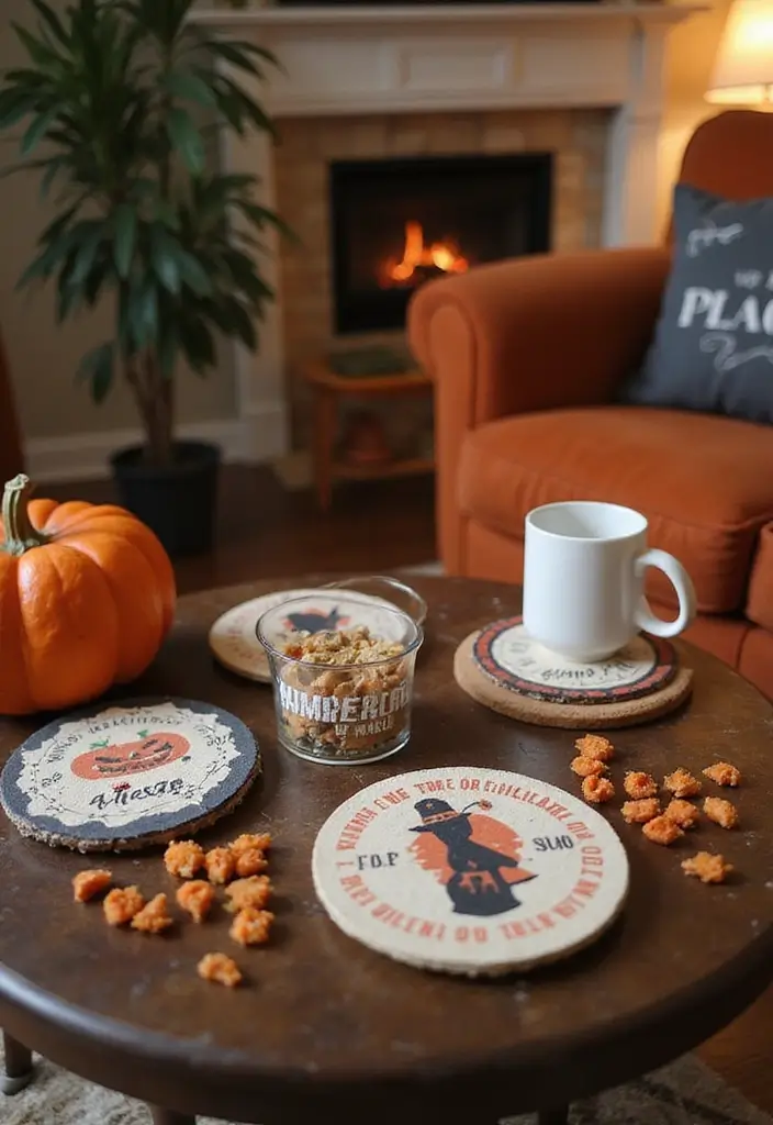27 Living Room Halloween Decor Ideas That Feel Fun and Spooky - 27. Halloween-Themed Coasters